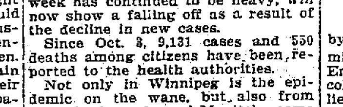 As the Flu Ban was lifted, 9,131 people had been struck by the Spanish Flu and 550 Winnipeggers had died in the previous seven weeks. More than 3,000 more people would become sick and 300 more would die before the pandemic was over by mid 1919.