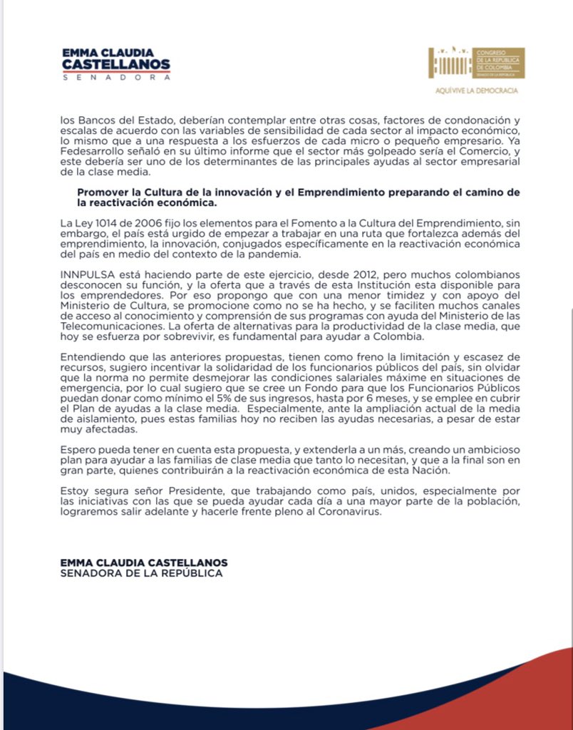 EmmaClaudiaC's tweet photo. He escuchado el llamado de varias familias de clase media y trabajadora, en la incertidumbre de cómo solventarán sus gastos, y sin apoyo actual del Estado. 

Por eso, envié esta carta al Presidente @IvanDuque solicitándole un plan de ayudas específico; acompañado de una propuesta https://t.co/iURJ0wwfI7