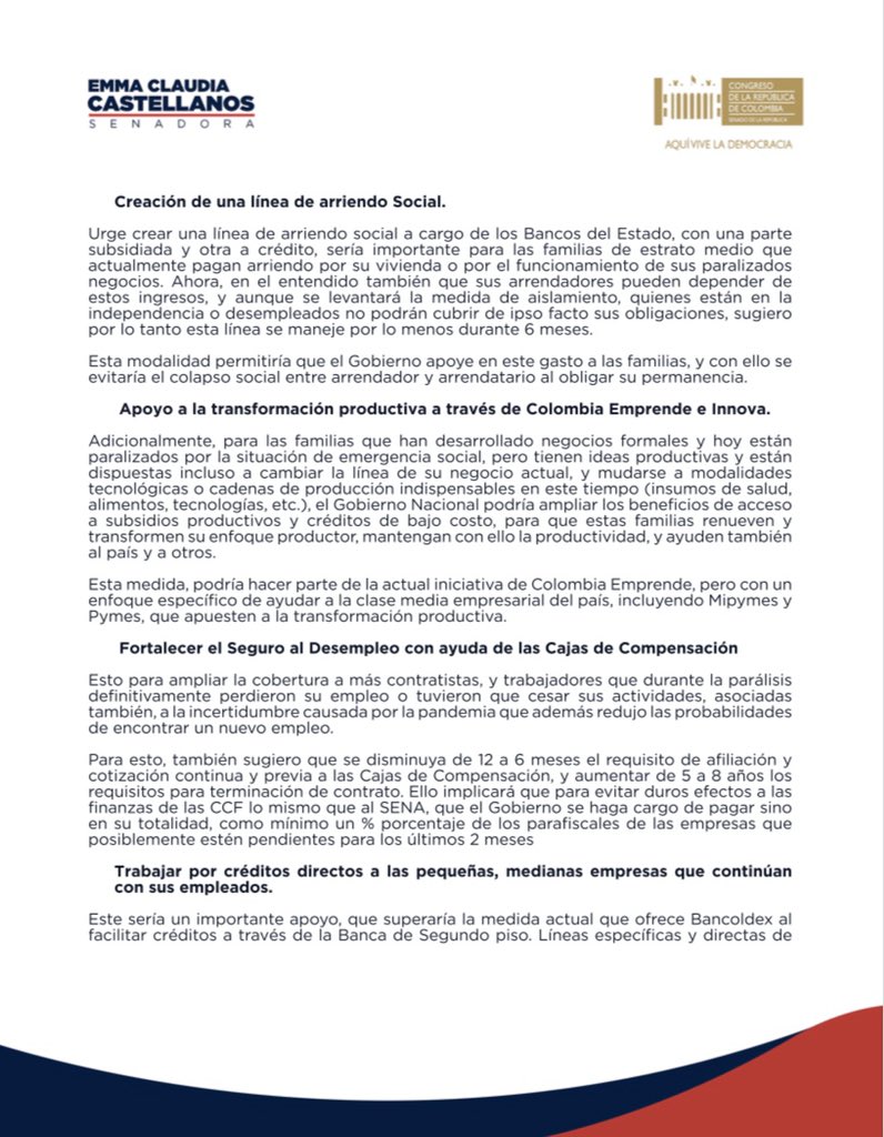 EmmaClaudiaC's tweet photo. He escuchado el llamado de varias familias de clase media y trabajadora, en la incertidumbre de cómo solventarán sus gastos, y sin apoyo actual del Estado. 

Por eso, envié esta carta al Presidente @IvanDuque solicitándole un plan de ayudas específico; acompañado de una propuesta https://t.co/iURJ0wwfI7
