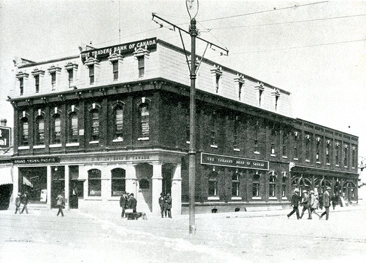 4 years later in 1906, Gariepy extended the building to the west, filling the full 50 ft. wide frontage facing Jasper Avenue.By this time the ground floor was occupied by the 'Traders Bank of Canada'. G.T.P. occupied the west bay at street level.• EA-267-83