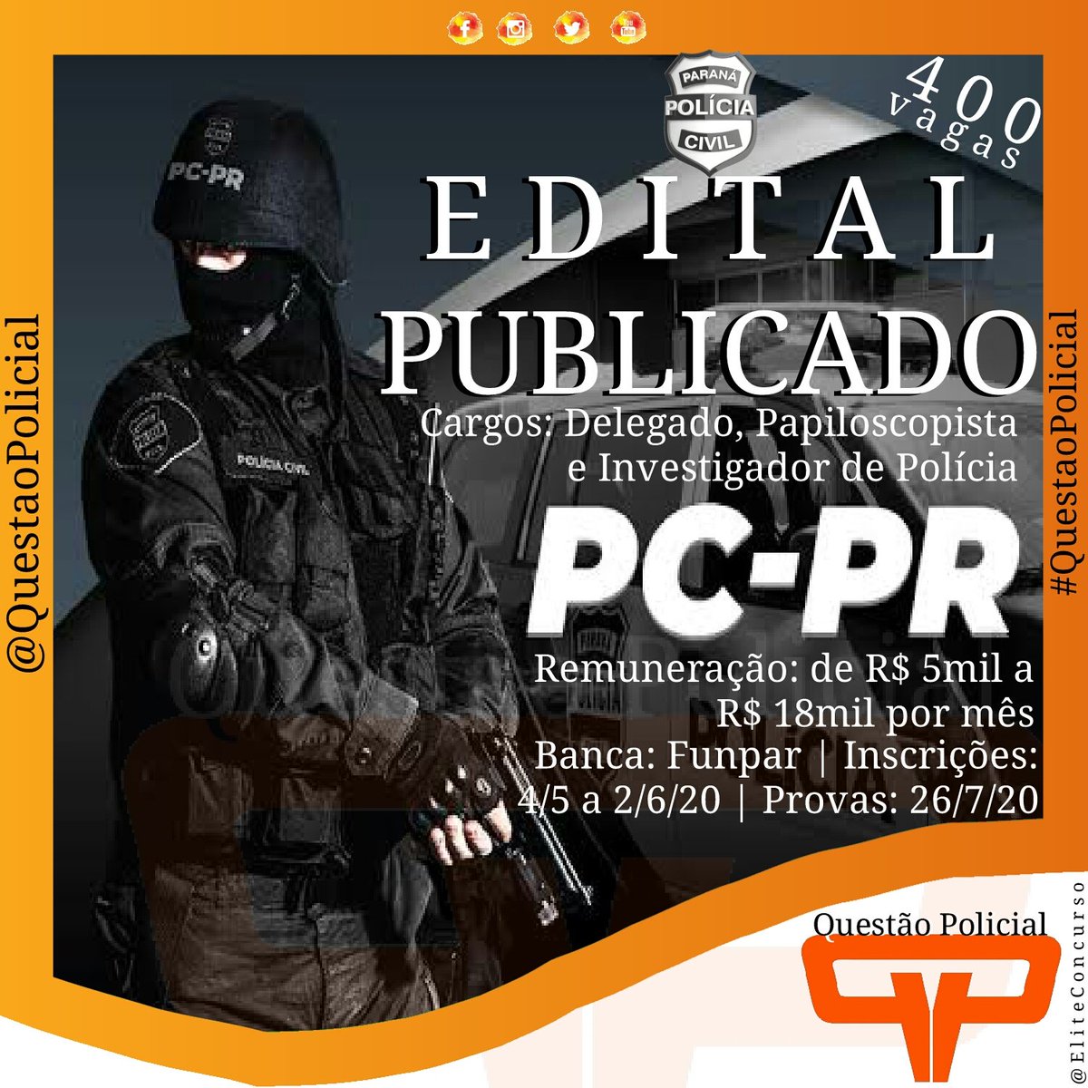QuestaoPolicial's tweet photo. #QuestãoPolicial | #PCPR:400 vagas lançadas em edital publicado hoje pela banca #Funpar,sendo 50vagas p/delegado,50vagas p/papiloscopista e 300vagas p/investigador d polícia c/remunerações d R$5mil a18mil por mês;As inscrições vão até 2/6/20 e as provas acontecerão no dia 26/7/20 https://t.co/FoQy97pizk