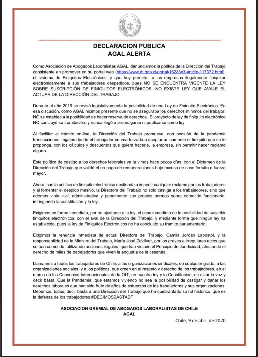 Declaración AGAL (Asociación Gremial de Abogados Laboralistas)respecto de intento de la DT de aplicación de finiquito electrónico <a href="/felipeharboe/">Felipe Harboe B</a> <a href="/fchahin/">fuad chahin</a> <a href="/crear_corriente/">CrearCorriente_CC</a> <a href="/PDCnoticias/">RENUNCIE DIRECTIVA DC</a> <a href="/PPD_Chile/">Partido Por la Democracia</a> <a href="/elfrente_amplio/">Frente Amplio Chile</a>