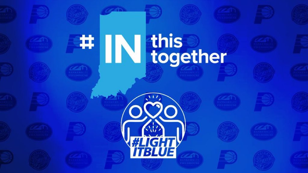 BUADCollier's tweet photo. Tonight Hinkle Fieldhouse salutes our nation’s healthcare workers. #LightItBlue 🇺🇸 https://t.co/snN2EZPiT7