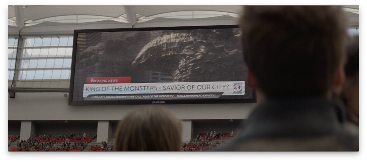 The chyron on the Jumbotron here is both a nod to the American re-edit of the original 1954 film, titled “Godzilla, King of the Monsters!” as well as a tease of the title for the 3rd chapter in the Monsterverse, Godzilla: King of the Monsters (2019).  #MonsterverseWatchalong