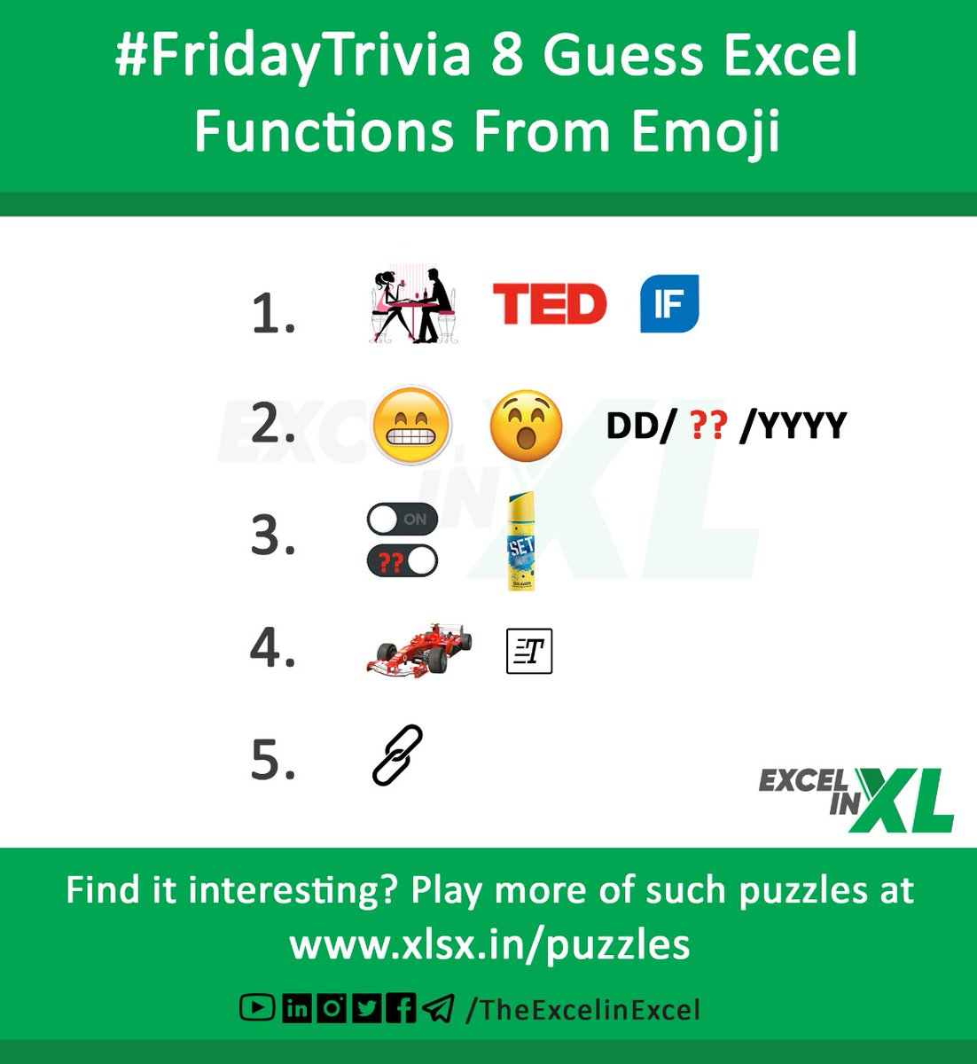 #fridaytrivia #excelpuzzles 

<a href="/teakuseva/">Tea Kuseva</a> <a href="/myexcelonline/">MyExcelOnline.com</a>  <a href="/ExcelSummit/">Global Excel Summit</a> <a href="/r1c1/">Chandoo.org</a>  <a href="/msexcel/">Microsoft Excel</a> @excelisfun <a href="/ExcelDemy/">ExcelDemy</a>  <a href="/TrumpExcel/">Sumit Bansal 📊📈</a>  <a href="/excelzoom/">Excel Zoom</a>