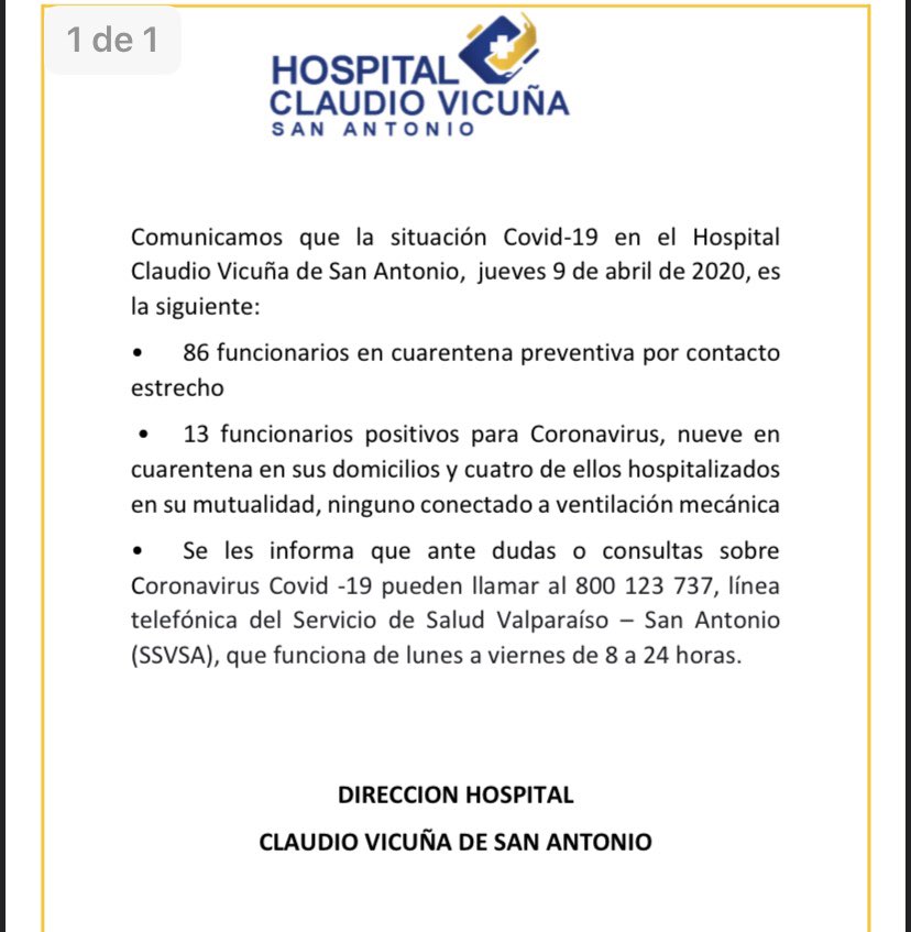 RodrigoOgalde's tweet photo. San Antonio: el hospital Claudio Vicuña tiene 13 funcionarios contagiados con covid-19 y otros 86 trabajadores en cuarentena preventiva por haber tenido contacto estrecho con pacientes positivos. Se viene mala cosa, hay que extremar medidas de prevención https://t.co/lLYiKYgT1S