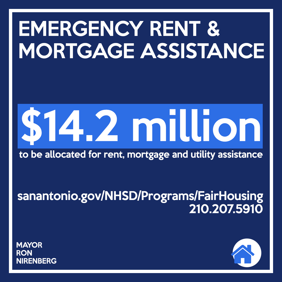 EMERGENCY HOUSING ASSISTANCE:Our Neighborhood and Housing Services Department offers Emergency Housing Assistance to pay rent or mortgage payments during the COVID-19 crisis.Residents seeking assistance should visit:  https://www.sanantonio.gov/NHSD/Programs/FairHousing or call 210-207-5910. 6/15