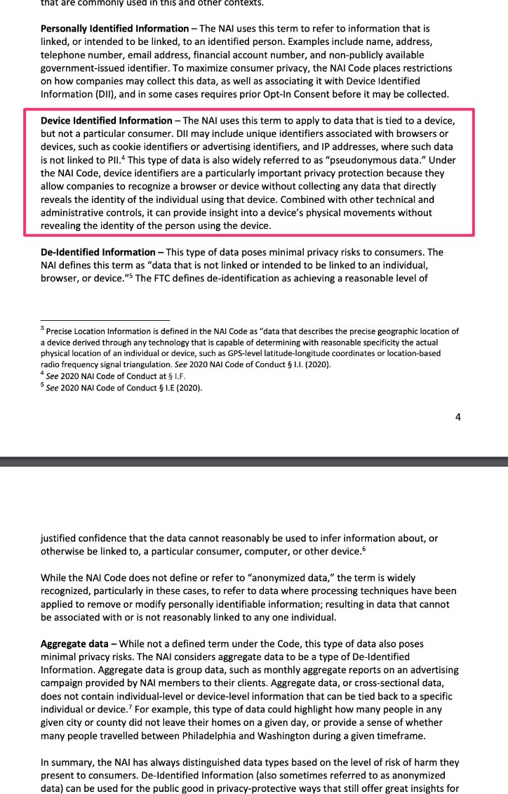 The Network Advertising Initiative (NAI) provided testimony calling for federal privacy legislation + gave definitions of types of data — imo their “Device Identified Information” definition as safe is obviously doesn’t align to technical realities...  https://www.commerce.senate.gov/services/files/3AE22675-7424-4CCD-859A-DDBBD3CAA082