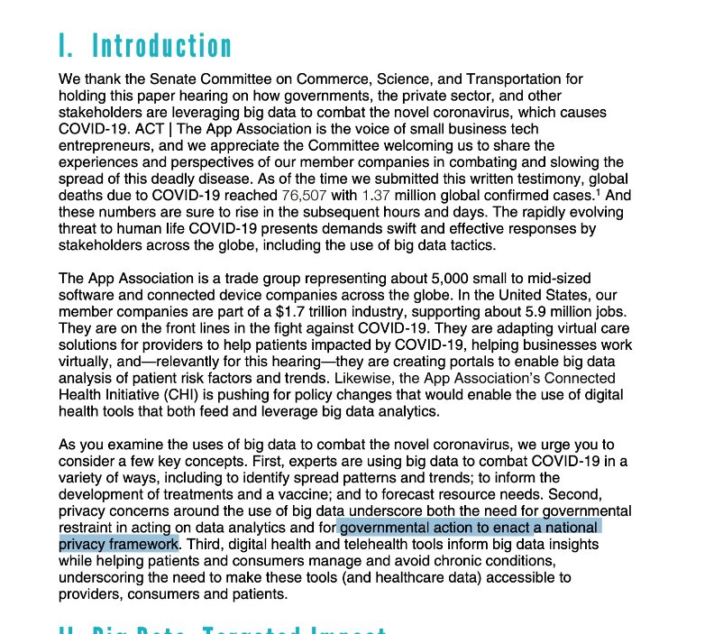 The App Association gave testimony that included calls for using privacy preserving technologies to fight COVID, urging some restraint from government, and calling on the federal government to enact a national privacy framework @  https://www.commerce.senate.gov/services/files/16592ABE-C5B8-4968-9AE2-6A148636B5C4