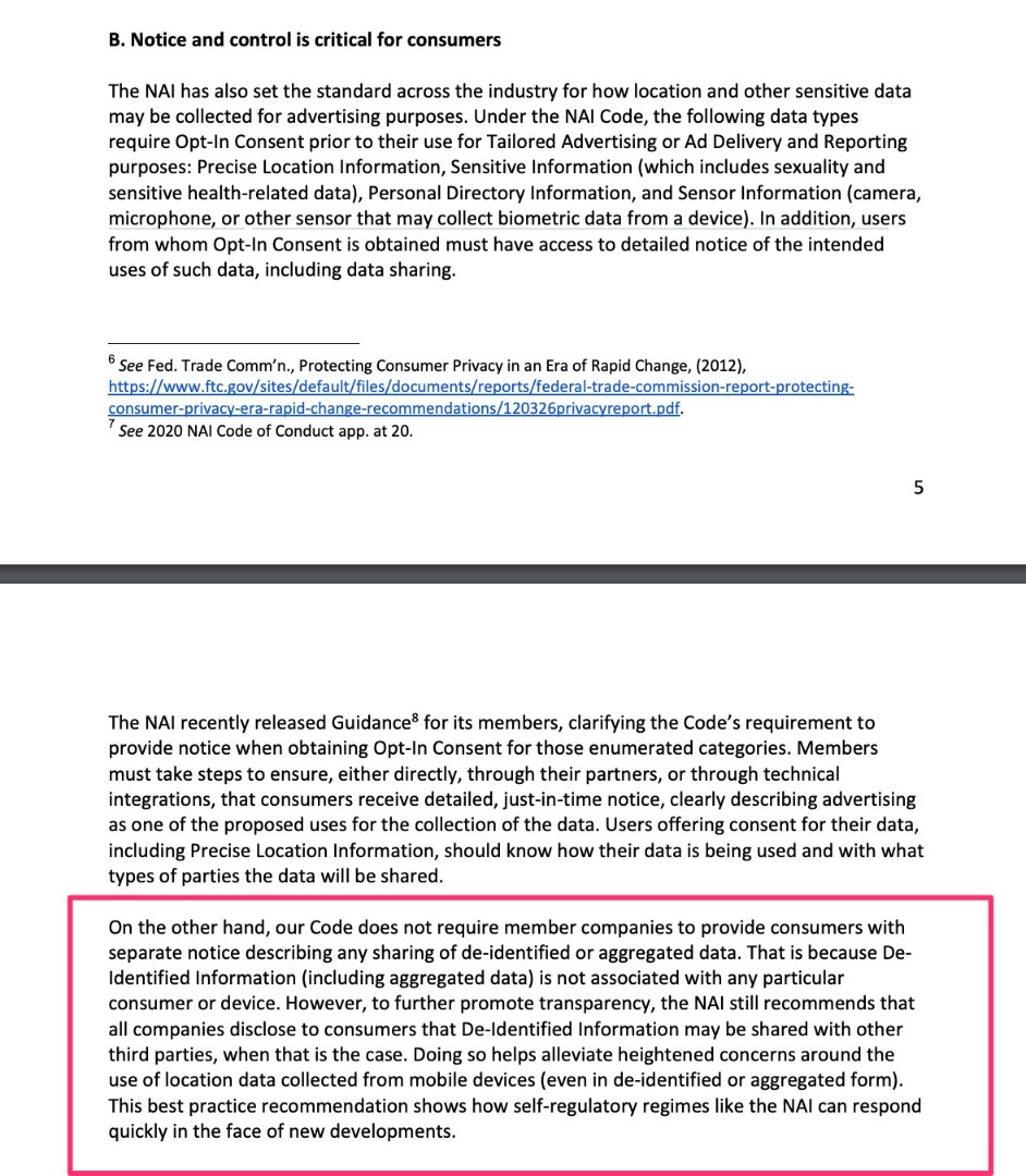 NAI also explained their policy advising member companies that they can take Precise Location Information, Sexuality, Sensitive Health-Related Data, Sensor Data & share it w/ partners/gov without notifying consumers IF the user’s identity is "pseydonymized" *without* consent..