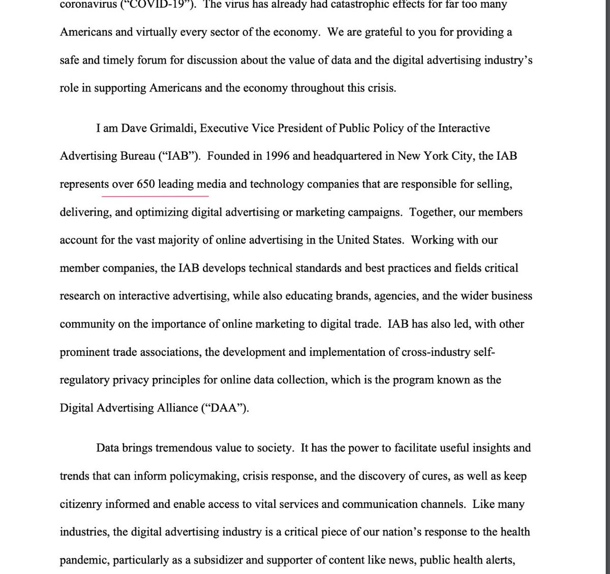 The Interactive Advertising Bureau (IAB) provided testimony and made an eyebrow raising note that they represent “over 650” companies, when they were saying they represented 750 companies in December 2019 ( https://www.iab.com/news/patrick-dolan-announces-departure/) …  https://www.commerce.senate.gov/services/files/97962BF5-D0A7-41F4-937D-72D8CD06623E