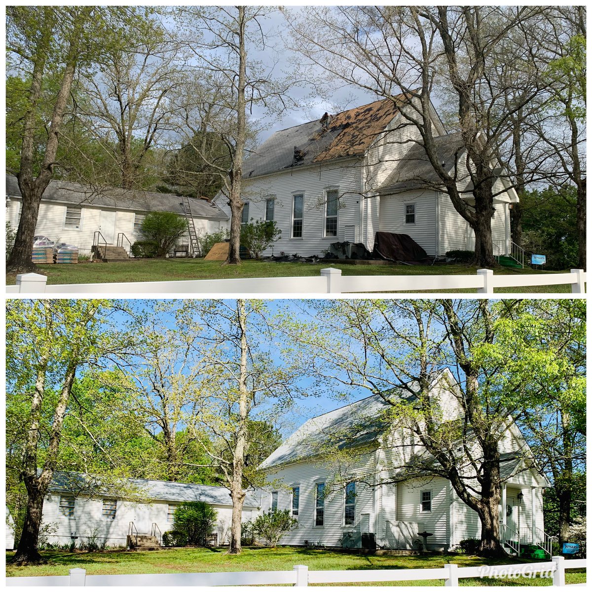 distinctivetn's tweet photo. Before and after on this beautiful country church in Woodlawn, TN. @CertainTeed Landmark - Silver Birch #BeDistinctive #SureStartWarranty #ShingleMaster #CTLandmark https://t.co/F8foR0dsfk