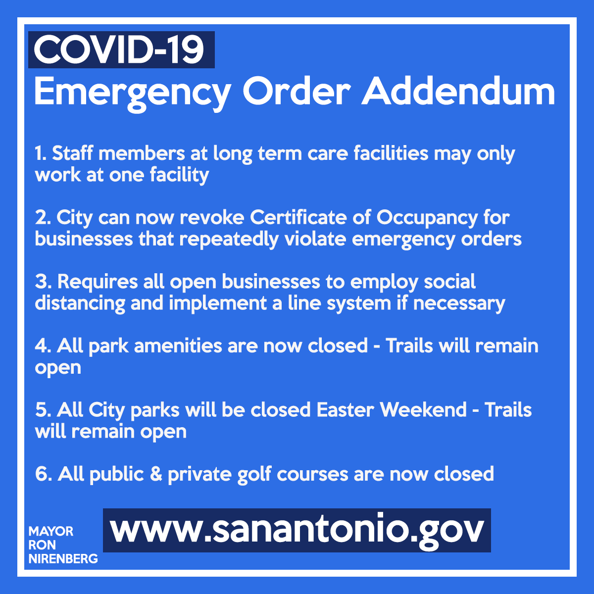 EMERGENCY ORDER EXTENSION - APRIL 30:Today, City Council voted to extend our emergency order through April 30.Emergency order:  https://www.sanantonio.gov/Portals/0/Files/health/COVID19/Website%20Docs/Emergency%20Declaration%20No.%205.pdfAddendum:  https://www.sanantonio.gov/Portals/0/Files/health/COVID19/Public%20Info/Fifth%20Declaration%20of%20Public%20Health%20Emergency%20Addendum.pdf13/15