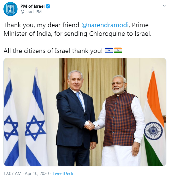 DrikPost's tweet photo. #DrikPost
#IsraelThanksIndia
Israeli #PrimeMinister thanked #NarendraModi for sending #hydroxychloriquine amidst #CoronavirusOutbreak
#COVID19 https://t.co/84wlWqWo6s