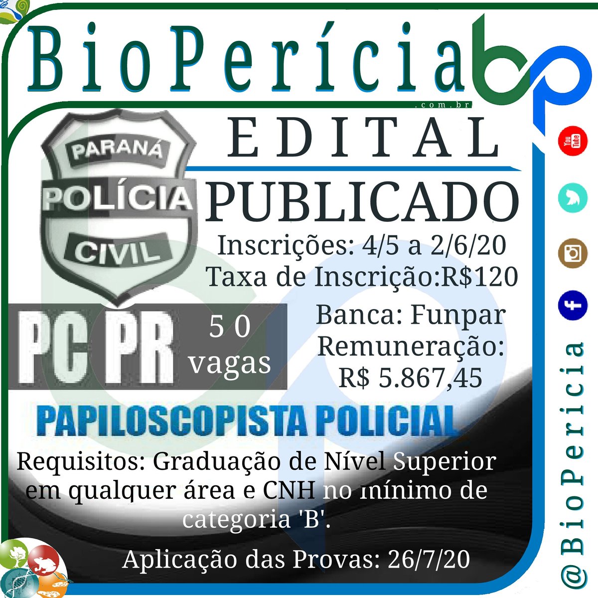BioPericia's tweet photo. #BioPerícia | #PCPR: #Edital publicado hoje pela banca #Funpar, sendo 50vagas p/ #papiloscopista,300vagas p/ #investigador de polícia e 50vagas p/ #delegado c/ remunerações de R$5mil a18mil por mês. As inscrições vão até 2/6/20 e as #provas acontecerão no dia 26/7/20
@BioPericia https://t.co/ebgd0QsDa1