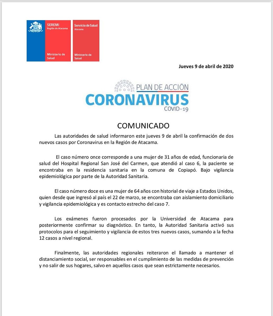 Autoridades de Salud Atacama informan del décimo primer y décimo segundo caso por COVID-19 en la región, reiterando el llamado a la comunidad a seguir las indicaciones establecidas por el #PlanCoronavirus y el distanciamiento social. #CuidémonosEntreTodos