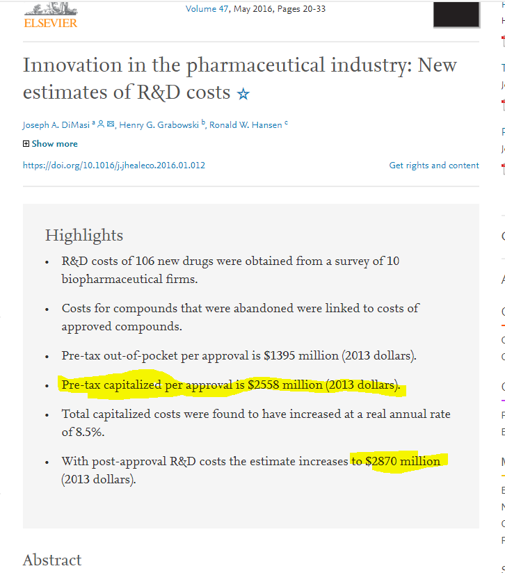 1st:we need a little background information.How much does it cost to make a prescription pill?>reads article>jaw dropsThat doesn't even take into account the time. It takes years, sometimes decades to get it approved. https://www.sciencedirect.com/science/article/abs/pii/S0167629616000291?via%3Dihub