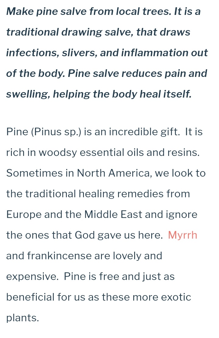 A lot of natural healing sites sell pine resin salves to heal cuts and wounds or rashes. This one claims its a gift from god that heals wounds and infection. A lot of these sites claim it heals but does it?5/n