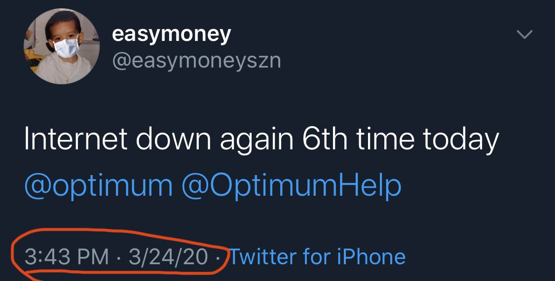 I’m making this thread for every time my  @optimum internet goes down. Went down for 10mins for the 3rd time today. I also was going to screen shot all the other times when it went down but lost internet halfway through my old tweets. Here are a few other times I got  @OptimumHelp