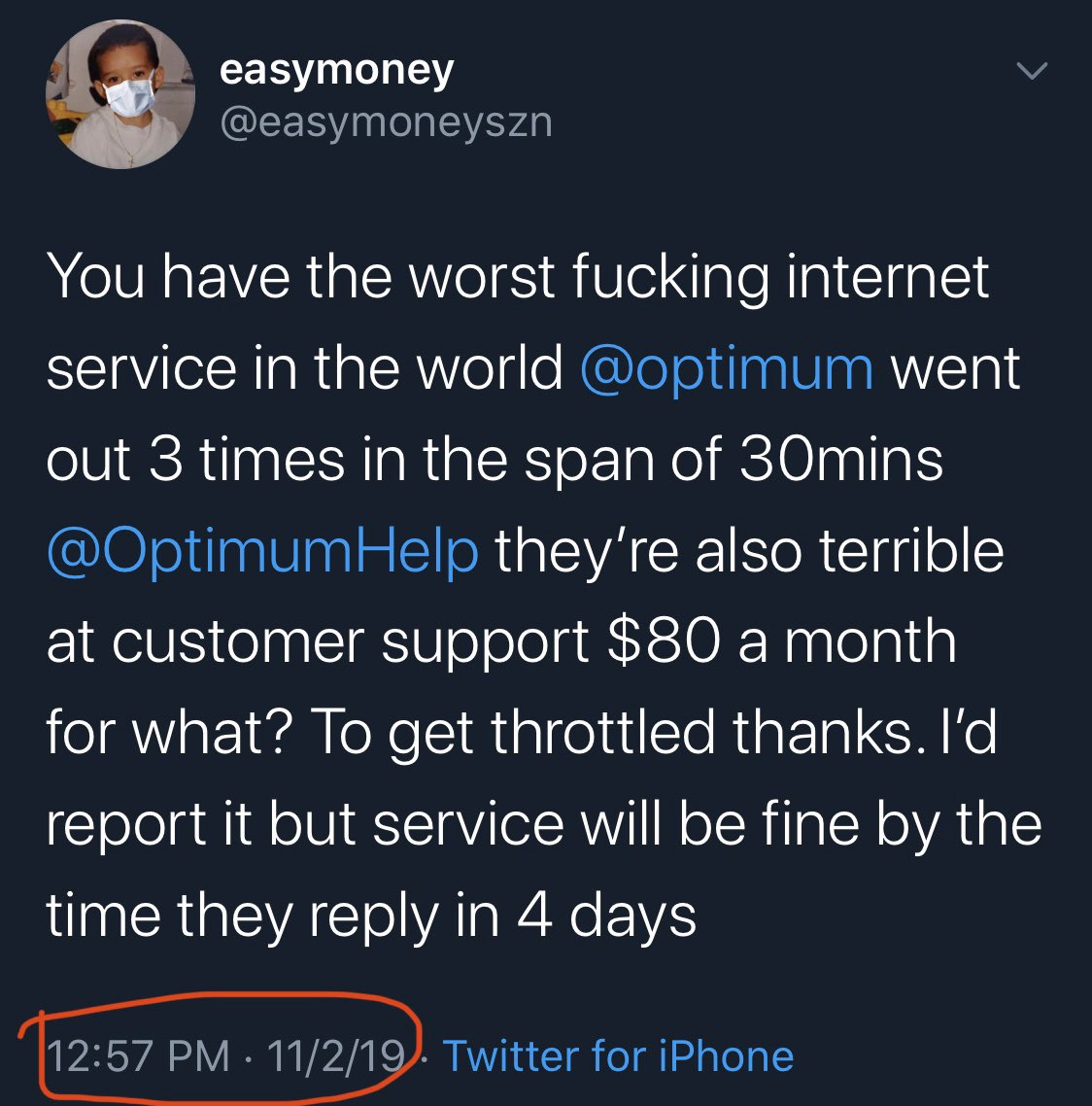 I’m making this thread for every time my  @optimum internet goes down. Went down for 10mins for the 3rd time today. I also was going to screen shot all the other times when it went down but lost internet halfway through my old tweets. Here are a few other times I got  @OptimumHelp