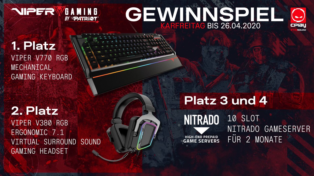 CPLAYgg's tweet photo. #Gewinnspiel in Zusammenarbeit mit @Patriot_ViperEU und @nitrado🔥

Danke für das Bereitstellen der Preise! 
Um teilzunehmen, bitten wir euch folgendes zu beachten:
✅ Folgt @Patriot_ViperEU 
✅ Folgt @nitrado 
✅ Folgt @CPLAYgg 
✅ Markiert einen Freund und retweetet!

#THESQUAD https://t.co/cuVJdYnuzy