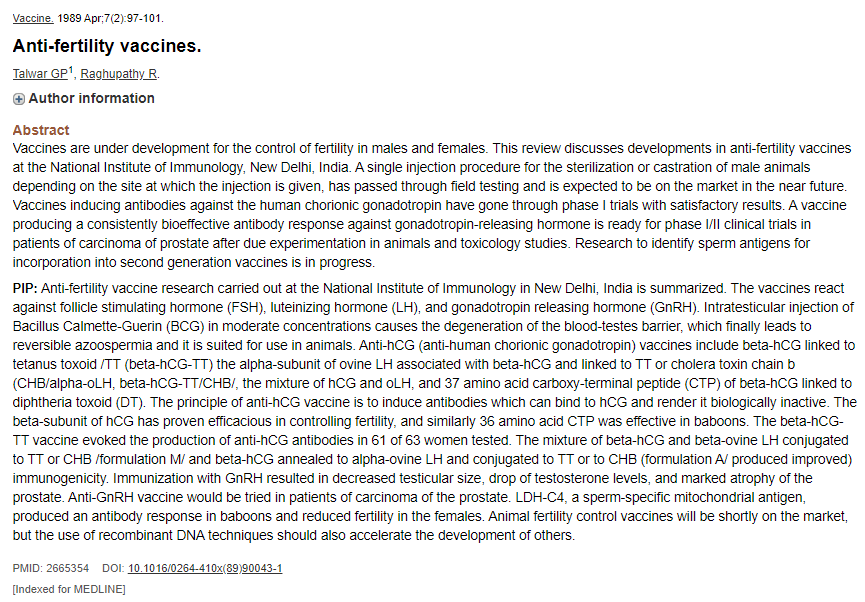 It is important to note that this Anti-fertility vaccine has been in development since 1988 thru 2014 to this dayIt does appear as if the Rockefellers have implemented their "involuntary fertility control" & have used Tetanus vaccines as cover to test this pet project of theirs