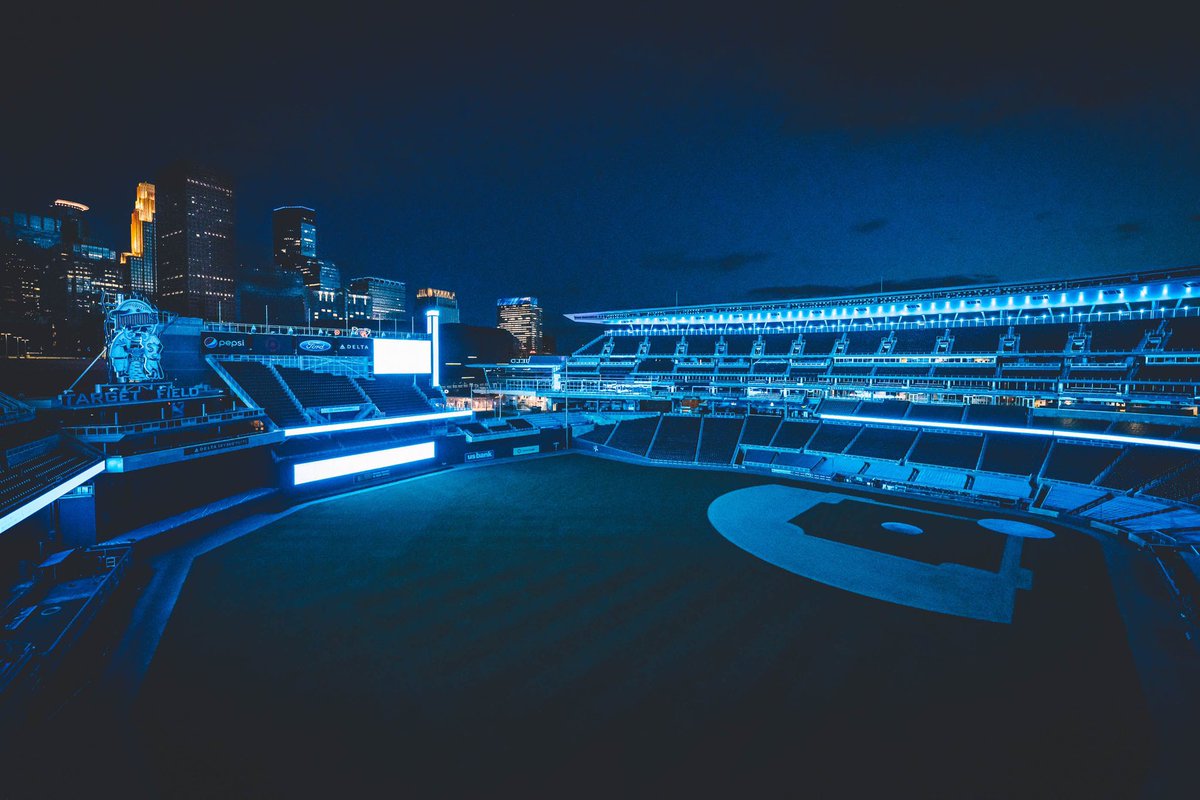 Twins's tweet photo. Tonight we #LightItBlue for all of the healthcare professionals and first responders who are on the frontlines fighting COVID-19. https://t.co/FJa94xlA8d