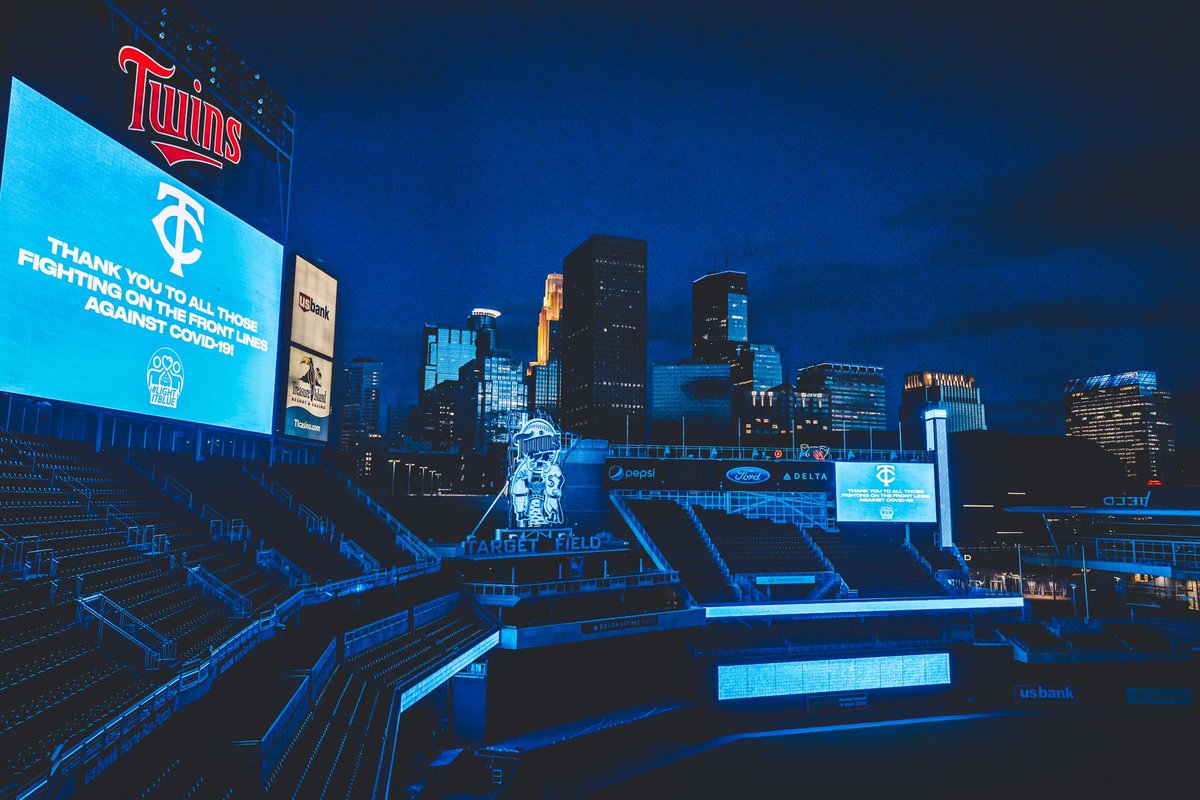 Twins's tweet photo. Tonight we #LightItBlue for all of the healthcare professionals and first responders who are on the frontlines fighting COVID-19. https://t.co/FJa94xlA8d