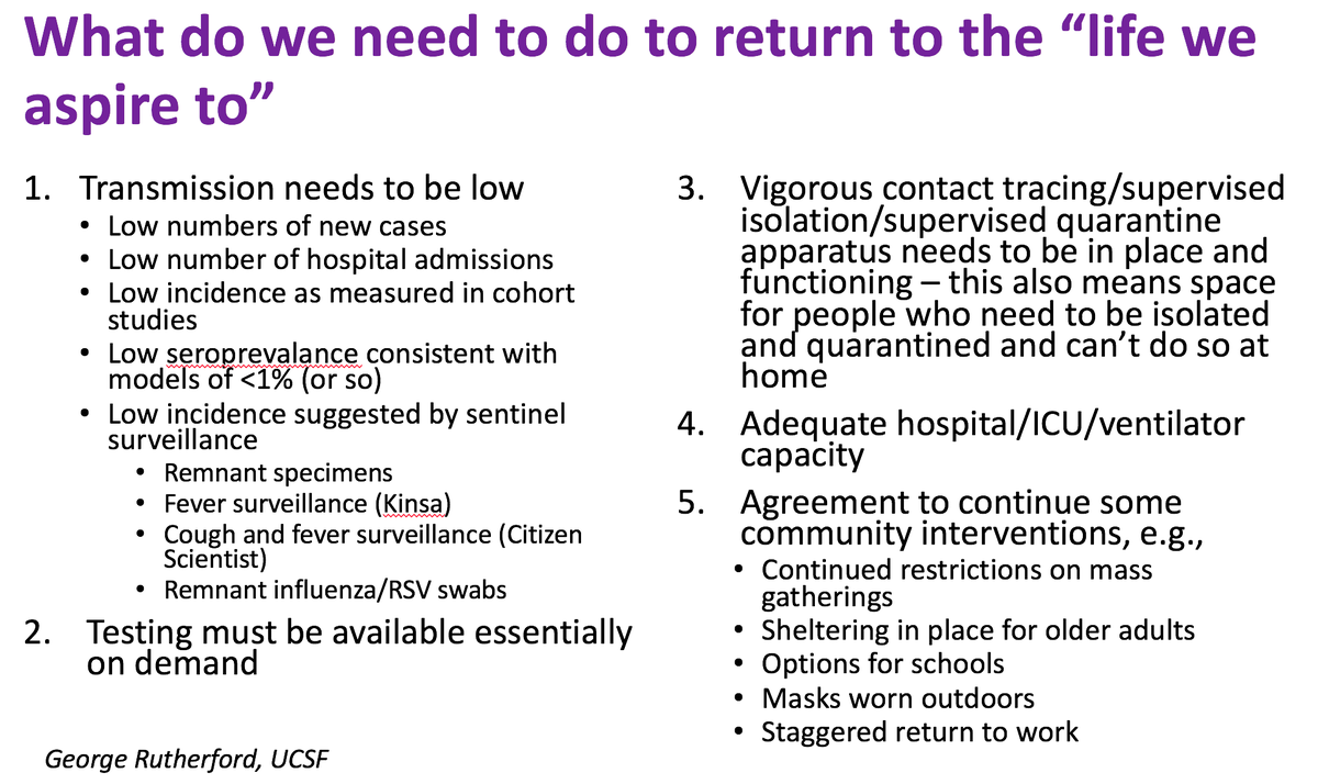 7/ Rutherford added additional criteria for when we're ready for next phase (relaxed lockdown) (Fig & 7:50 on video). Key new point from my Apr 7 discussion is #5, “Agreement to continue some community interventions." For eg, he feels we'll need to still restrict mass gatherings