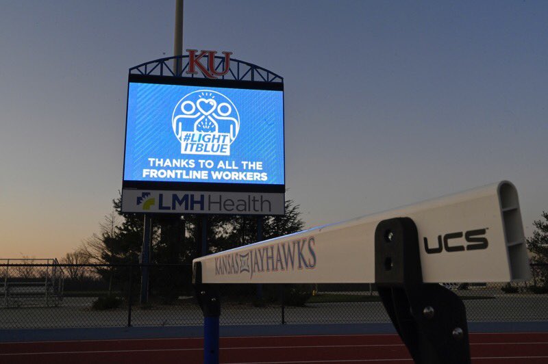 KUAthletics's tweet photo. We are so grateful for all the essential workers and healthcare providers fighting this pandemic.

Tonight is for you 💙

#LightItBlue x #MakeItBlue https://t.co/uJxTSv10Gt