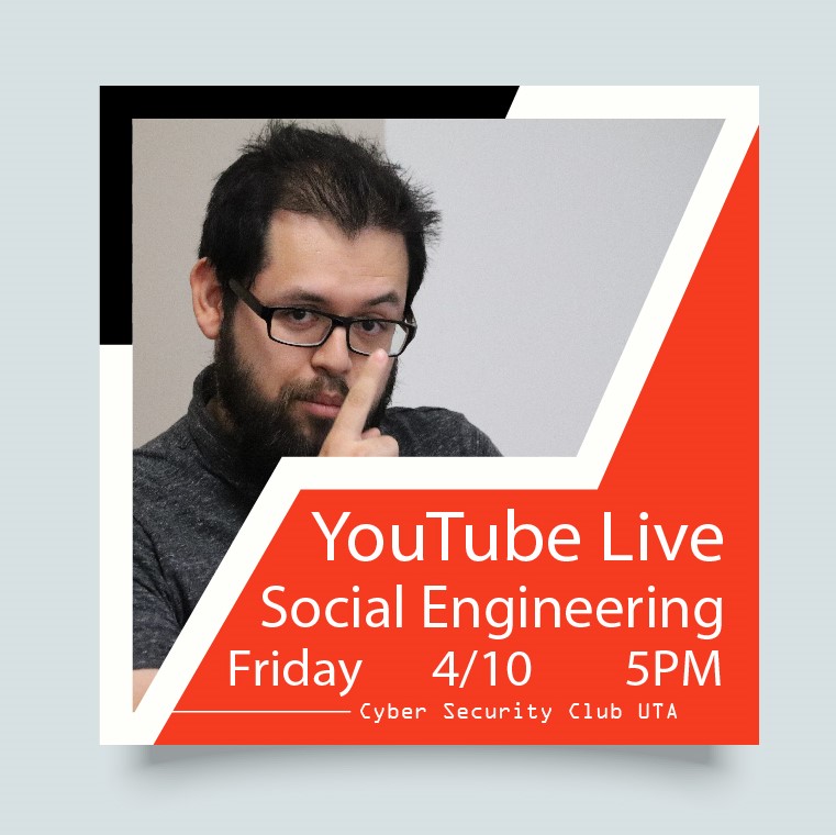 cseuta's tweet photo. A throwback to SOCIAL ENGINEERING will be the first online workshop from our CSE students!

Date: Friday 4/10
Time: 5PM
Location: YouTube 
https://t.co/7SGFw55gtG

#cseuta #CyberSecurity #ethicalhacking #WhiteHats #computerscience #Mavs

@utarlington @mavengineering @UTA_CSEC https://t.co/PAquBqr4EJ
