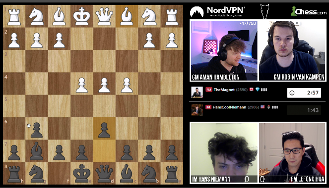 chessbrah TV on X: Our 5 Year Anniversary stream is still going strong!  We've got another match featuring IM Hans Niemann vs FM Lefong Hua.  Commentary by GM Aman Hambleton and GM