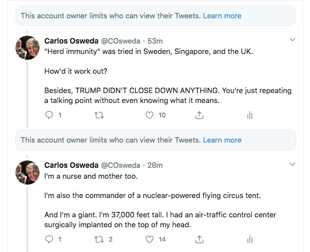 ThreadA "nurse with 20 years in an ICU" said she's a Trump supporter but he "overreacted."She usually always agrees with me, but not this time.First she said she was sorry I'm angry, then she made a Grand Flouncing Exit™ with a Pithy Parting Shot® that I didn't see.