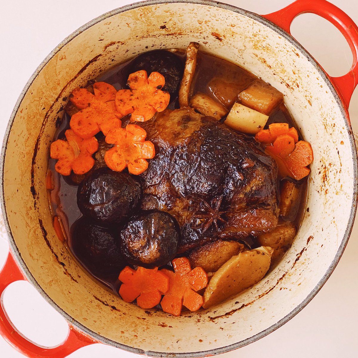 Particularly proud of this one: Braised brisket, Chinese-style. Ginger, star anise, daikon, shiitake, carrot, dark soy, Chinese brown sugar, stock, shaoxing. Slow cooked at 225F for many hours. It’s fucked up how well it turned out. I’m so proud of my brisket baby.