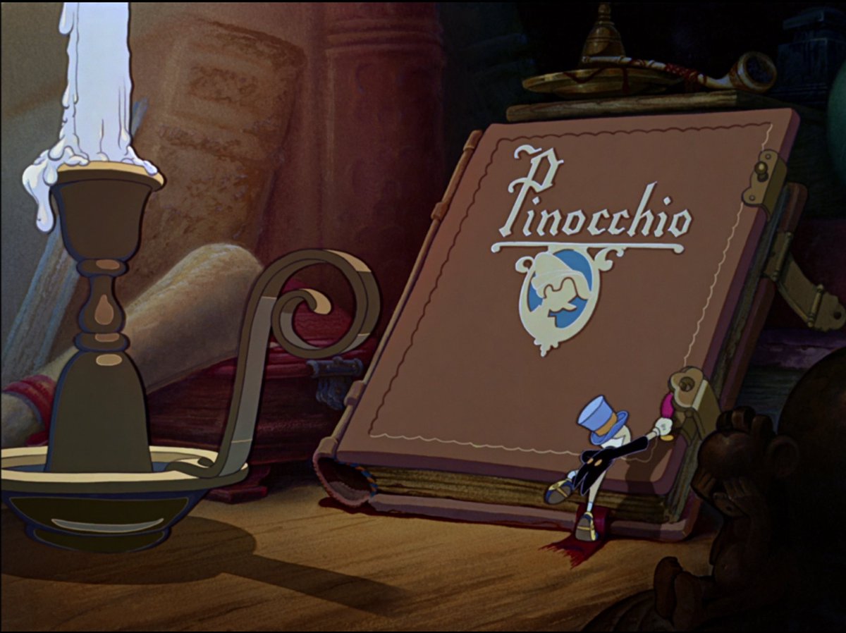 Starting off, let's begin with the tangential: Unlike "Snow White"'s opener, the book is now animated and not live action. All the better to facilitate Jiminy's magical inclusion into the framing structure (a motif wonderfully homaged in "Aladdin" with Robin Williams' beggar)...