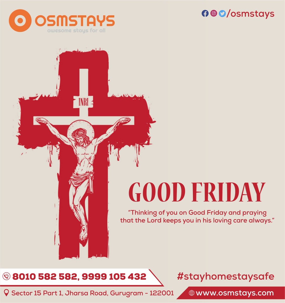 osmstays's tweet photo. Thinking of You Good Friday and praying the Lord keeps you into his Loving care consistently.
#Goodfriday #Osmstays #Gurugram

For more Details
Get Your Visit : https://t.co/STvDkjMayS
Contact : 8010 582 582, 9999 105 432
Address : Sector 15 Part 1, Jharsa Road, Gurugram - 122001 https://t.co/rnQz4RkGqQ