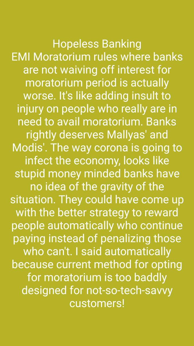 gauravgaur1981's tweet image. #EMIMoratorium: #MoneyMindedeness of #Financial institutions defeats the purpose of #Governments' efforts to fight with #Corona effectively. Right now banks shd reward those who're paying EMIs on time, instead of penalizing those who can't genuinely pay due to #Sudden #Lockdown
