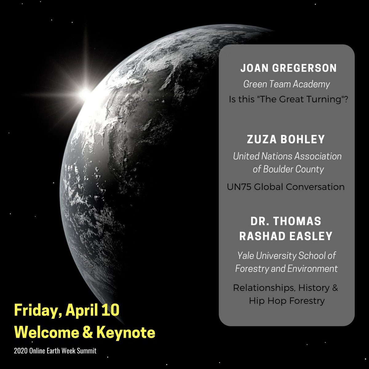 Happy  #EarthWeekSummit! Join us at 12 pm EST for our summit kickoff with keynote speaker  @rashadeas. Find out about  @joinUN75! Grab your spot at  http://www.earthweeksummit.com .