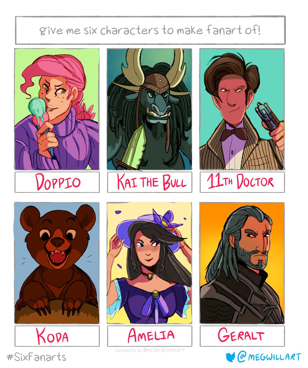 megwillart's tweet photo. The #sixfanart meme complete! Thanks everyone for the suggestions 🤗 A little jojo, kung fu panda, and more.. happened to have a good variety

I’ll be sure to ping the original requesters below! #6fanartschallenge #6fanart https://t.co/Nwrm9pwAf2