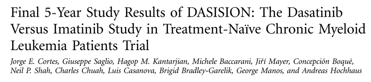 Five year F/U: This is most interesting. Five-year OS was 91% for Dasatinib and 90% for Imatinib. [Note 83% OS in IRIS]. Also, pleural effusion is now in 28% of Dasatinib (10% in initial study) patients. Have you seen more overlapping curves!No change in OS. What's different?