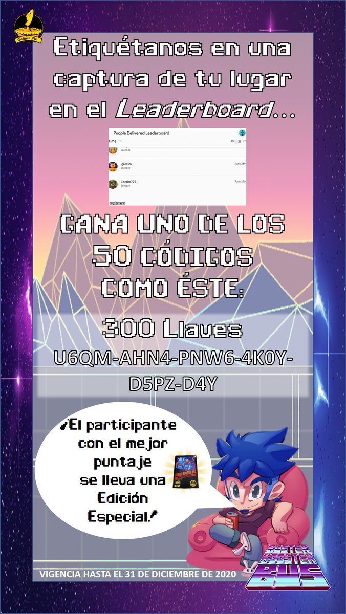 Dinámica de Vacaciones:

1. Juega Buster Booster Bus
2. Haz screenshot de tu mejor puntaje.
3. Etiqueta a <a href="/goldenpie_dev/">Golden Pie Studio</a> y usa el Hashtag #BBBcode.
Enviaremos el código de 300 llaves a los primeros 50 participantes. Al acabarse ¡El puntaje más alto se lleva una Edición Especial!