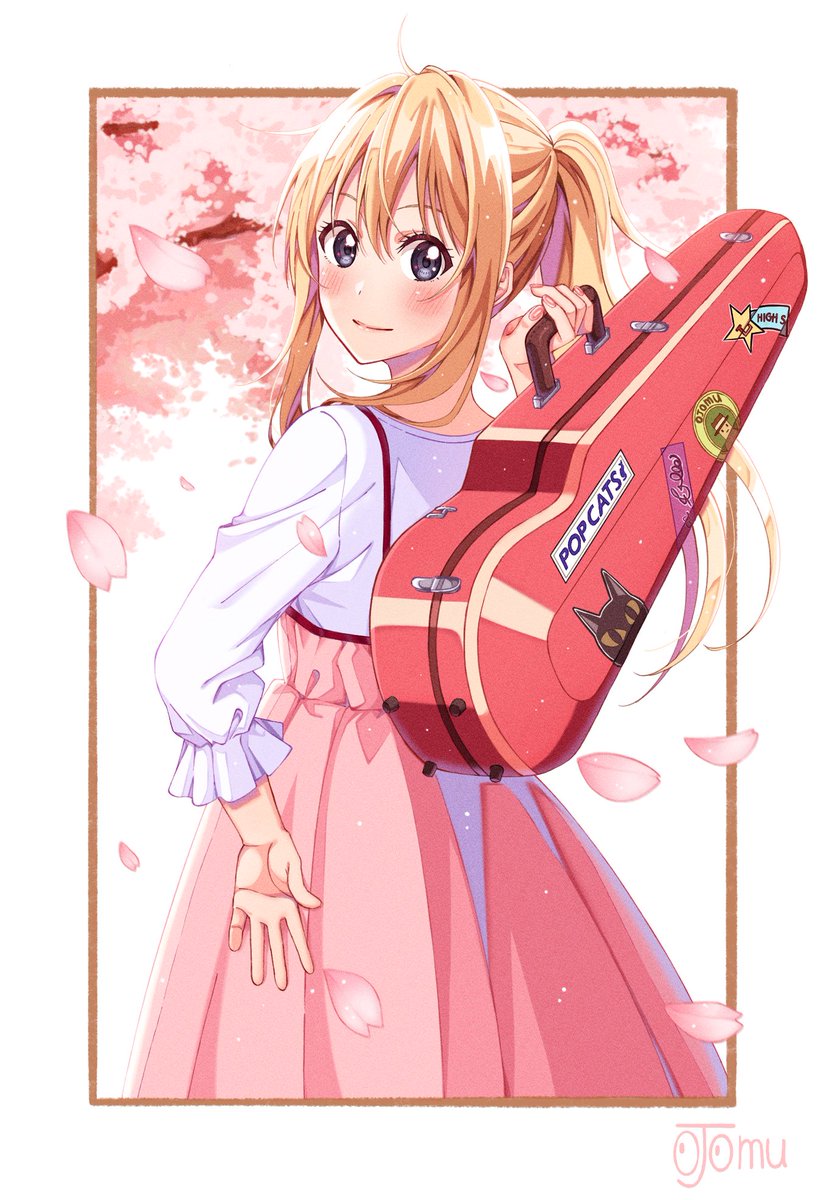 1girl solo skirt cherry blossoms blonde hair looking at viewer ponytail  illustration images