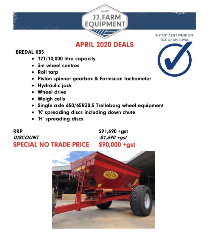 JJFarmPsports's tweet photo. Exclusive to JJ FARM EQUIPMENT!
With plenty of 🌧 about now’s the time to lock in your spreader! JJ Farm Equipment are proud to offer AMAZONE &amp; BREDAL spreaders. Plenty of different models are available.
Call 69645959 or visit 140 MacKay Ave Yoogali.
#instantassetwriteoff https://t.co/mPz1jH9ZkF