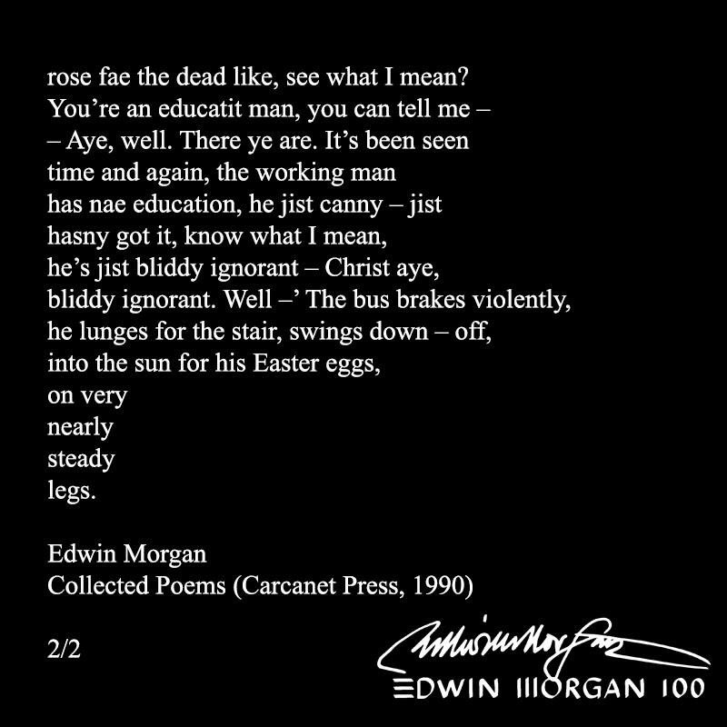 EdMorganTrust's tweet photo. #EdwinMorgan ‘Good Friday’ - which tells the story of a conversation that took place on a Glasgow bus at 3pm. #edwinmorgan100 #easterpoems #scottishpoetry #holdhandsamongtheatoms @Carcanet @ByLeavesWeLive @PoetrySociety @scotlit https://t.co/6CkCaqznOZ