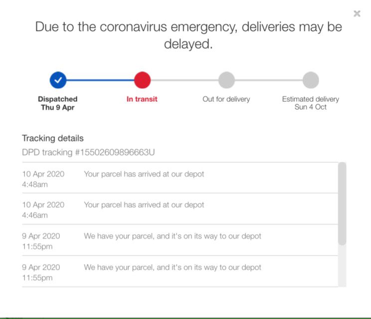 I am a realist and expect deliveries to take a little longer in the current climate but October, really, it's a good job it's not fresh food? #delivery