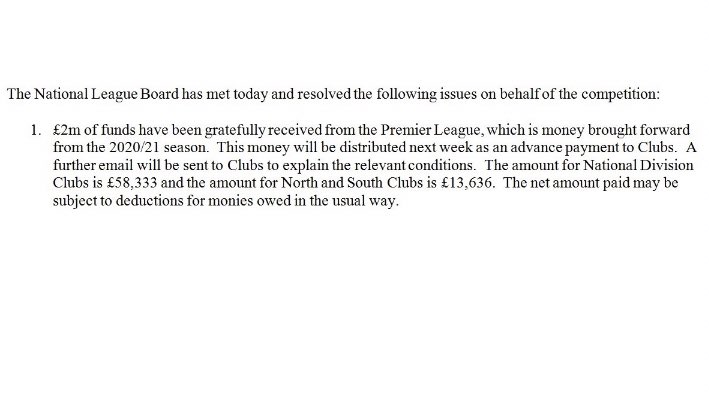 Last week the Premier League announced an advance of £125m to the EFL and the National League.

This is their usual ‘solidarity payment’ being paid next week rather than in August.

Here’s confirmation of how little of that money is actually going to National League clubs.⬇️