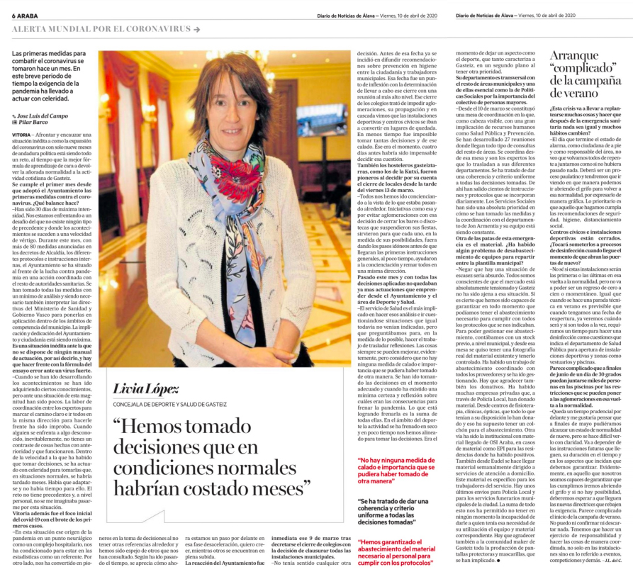 eajpnvgasteiz's tweet photo. Egun on!
Interesante entrevista a @livius15, concejala de Deporte y Salud, en la versión en papel de @NoticiasdeAlava 🗞️

#LortukoDugu #QuédateEnCasa #EtxeanGelditu https://t.co/rU4XzVhFbI