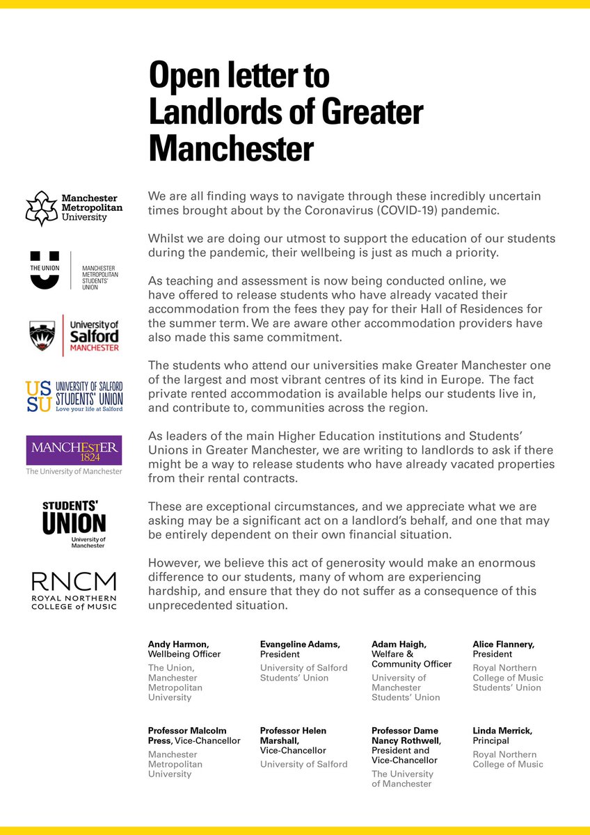 Great work <a href="/SalfordUni/">University of Salford</a>, <a href="/UoS_Students/">UoS_Students</a> and other Manchester Uni institutions agreeing to pay accommodation costs for students returning home due to COVID-19 and asking private landlords to do the same. Govt must also step in to ensure no student pays for acc they can no longer use