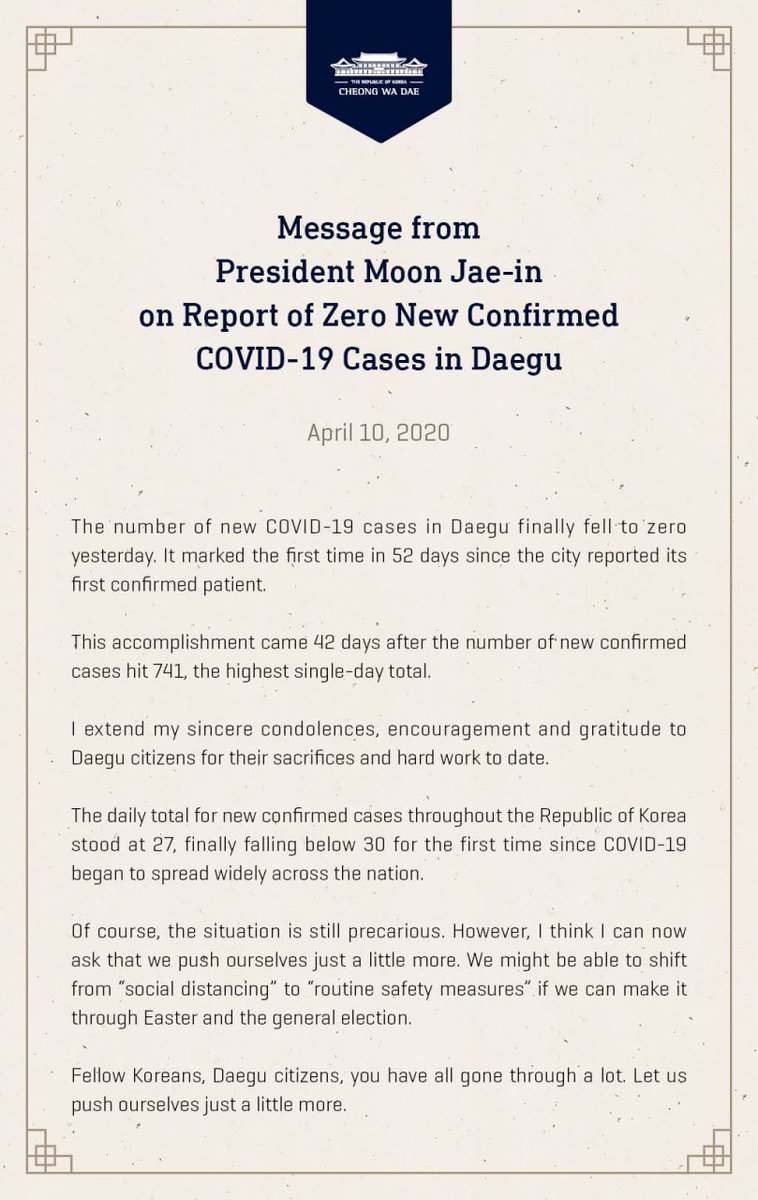 TheBlueHouseENG's tweet photo. Message from President Moon Jae-in(@moonriver365) on Report of Zero New Confirmed COVID-19 Cases in Daegu https://t.co/bR6RtRnGA5
