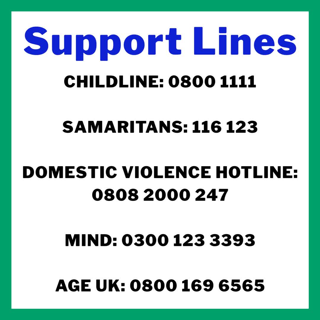 Ujimaradio's tweet photo. Important Support numbers:
CHILDLINE: 0800 1111
SAMARITANS: 116 123
DOMESTIC VIOLENCE HOTLINE:
0808 2000 247
MIND: 0300 123 3393
AGE UK: 0800 169 6565
#supportnumbers #supportlines #helplines #help #domesticviolence #samaritains #childline #mind #ageuk https://t.co/nd7oQapRZW